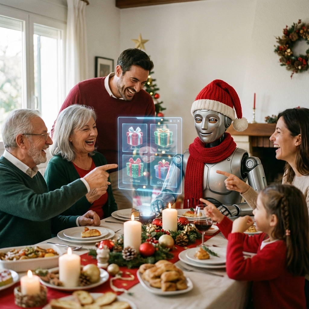 Robot mostrando regalos holográficos